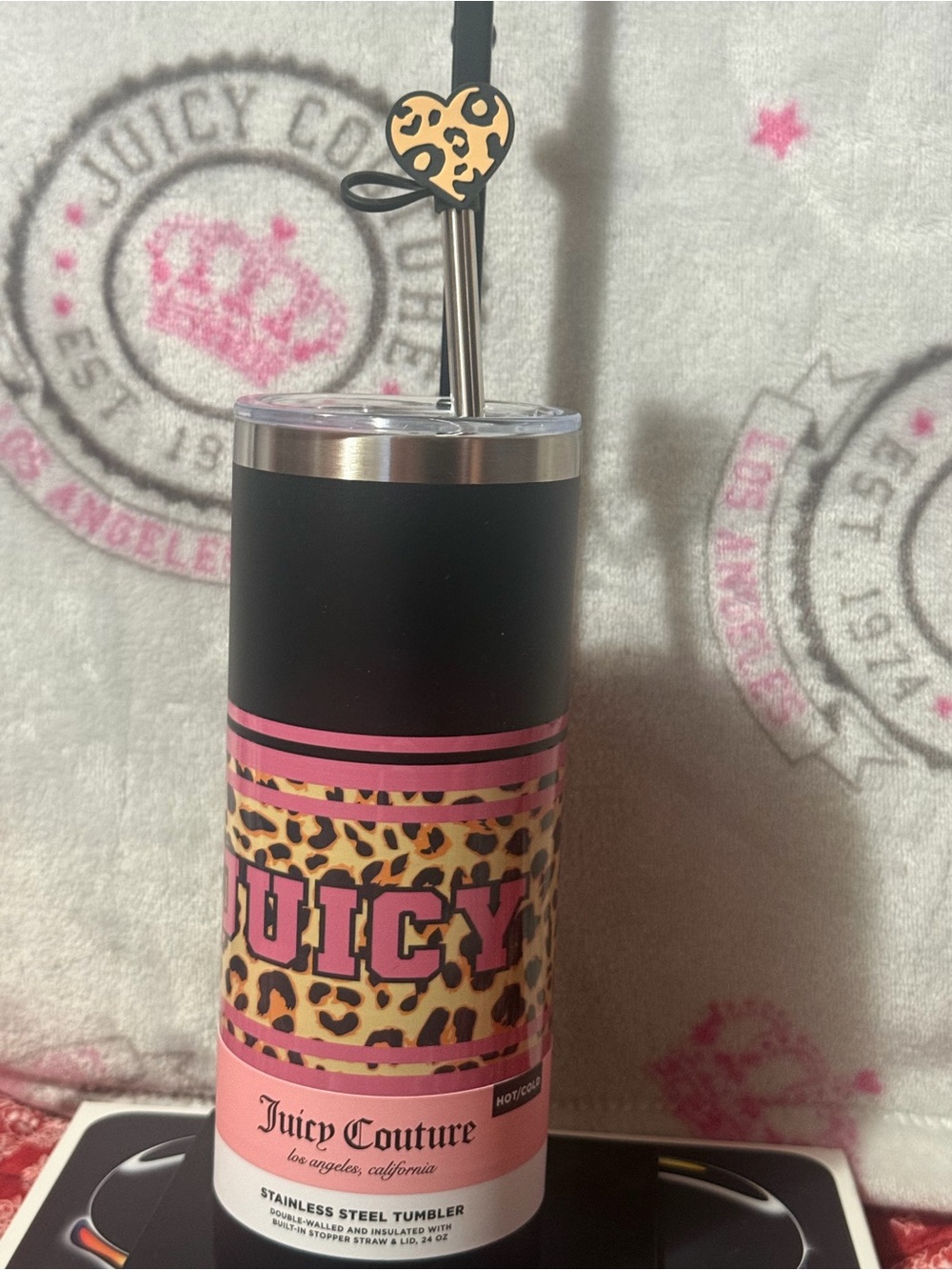 New Juicy Couture 24 oz Stainless Steel Leopard Print Tumbler w/ Straw Pink